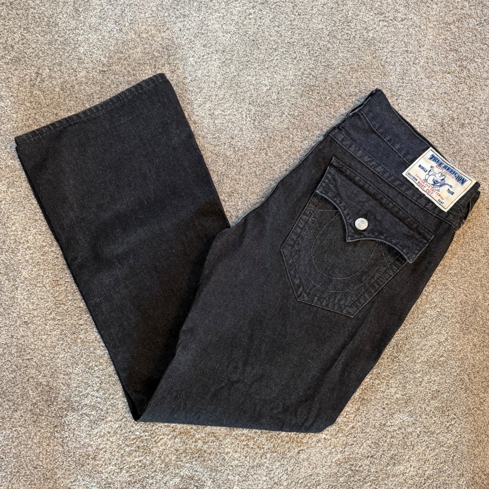 True Religion Mens Black Bootcut Jeans Dark Wash Horseshoe Pocket Size 38x32